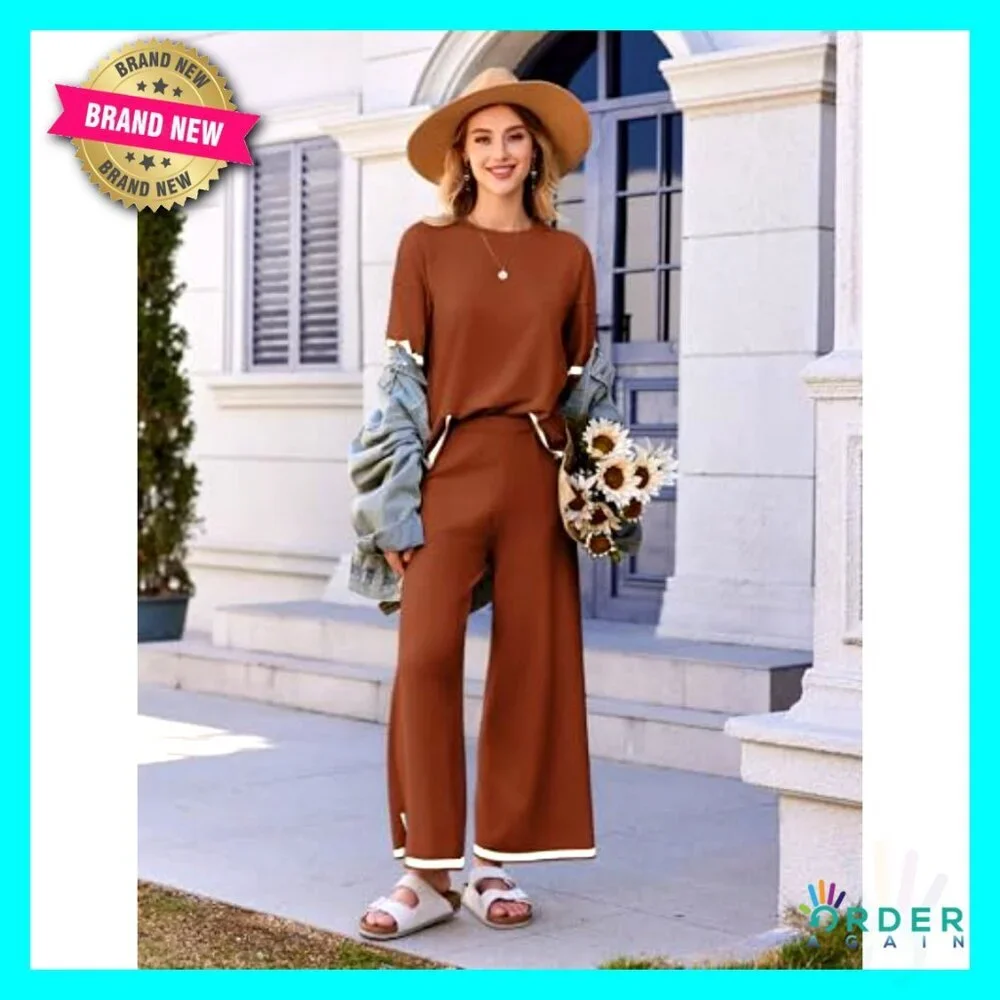 Lounge Set Two Piece Knit Pullover Top Wide Leg Pants Loungewear Travel Outfit